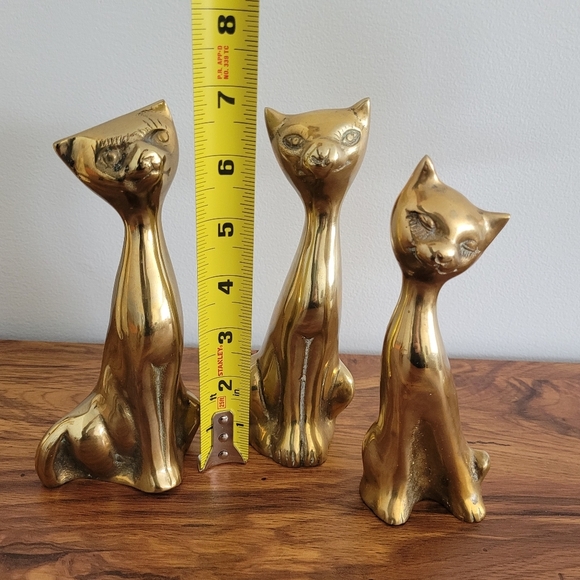Vintage Solid Brass Cat Sculptures Set Of 3 Long Necks MCM Shows Wear - Picture 2 of 11